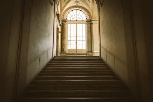 Ancient dark staircase - Grunge interior, nobody, empty building architecture, window
