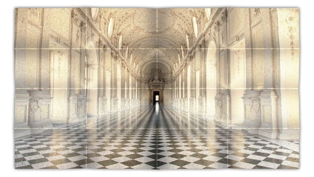 Creative picture of Reggia di Venaria Reale gallery - Italy. Luxury marbles in baroque Royal Palace