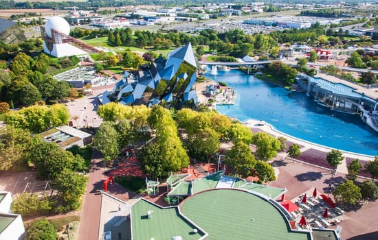Poitiers, France - September 21 2010 : Futuroscope, or Parc du Futuroscope is a French amusement park that lets you experience sounds, images, and sensations. Aerial view from the Gyrotour.