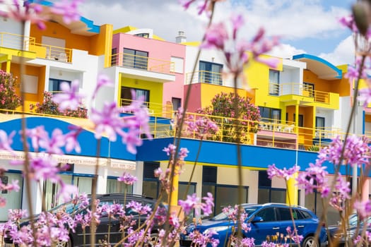 Albufeira, Portugal - April 28, 2024: Colorful modern residential buildings photographed in Marina port of  Albufeira at the Algarve coast of Portugal