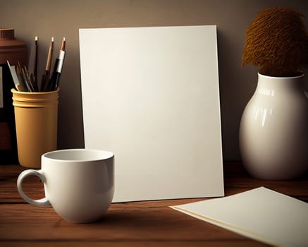 White paper mockup on wodden table with stationery