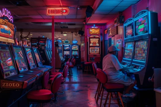 Alone in the glow, a person plays slot machines in an electrically charged casino ambiance.