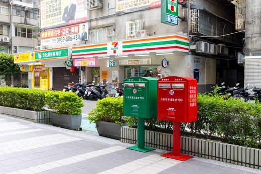 Taipei, Taiwan 03 October 2023: Taiwan green Post Box and red Post Box