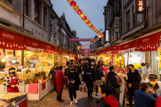 Taipei, Taiwan 18 January 2023: Lunar new year traditional market in Dihua street at Taipei City