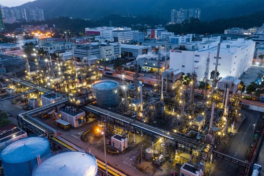 Tai Po, Hong Kong 20 May 2019: Top view of industrial factory in Hong Kong at night