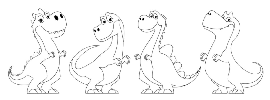 Set of cute dinosaurs, black lines coloring book. A funny and amusing dinosaur with a quirky look and yellow scales poses. Prehistoric, primitive animal depicted for children