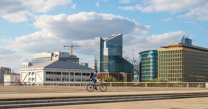 Brussels, Belgium - August 20 2022: Modern skyscrapers and bike. Photography taken in Belgium