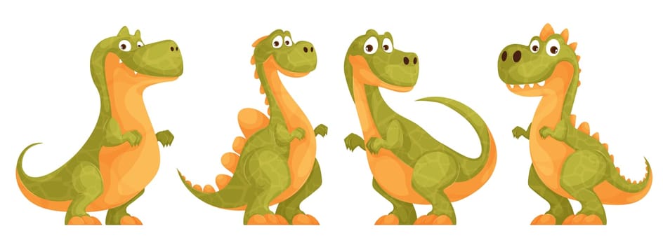 Set of green cute dinosaurs. A funny and amusing cartoon dinosaur with a quirky look and yellow scales poses. Prehistoric, primitive animal depicted