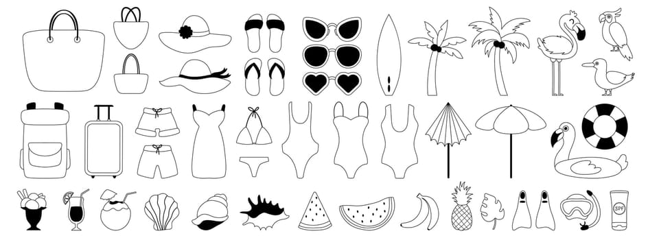 Large set of elements on the theme of summer, travel and vacation. Black line icons. Swimsuits, shells and summer drinks. Hats, sunglasses and bags for the beach.