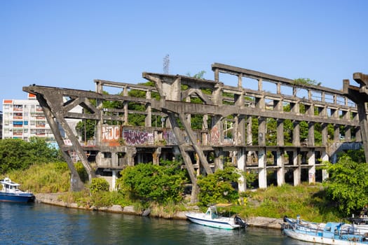 Keelung, Taiwan, 19 August 2022: Agenna Shipyard Relics in Keelung Zhengbin harbor