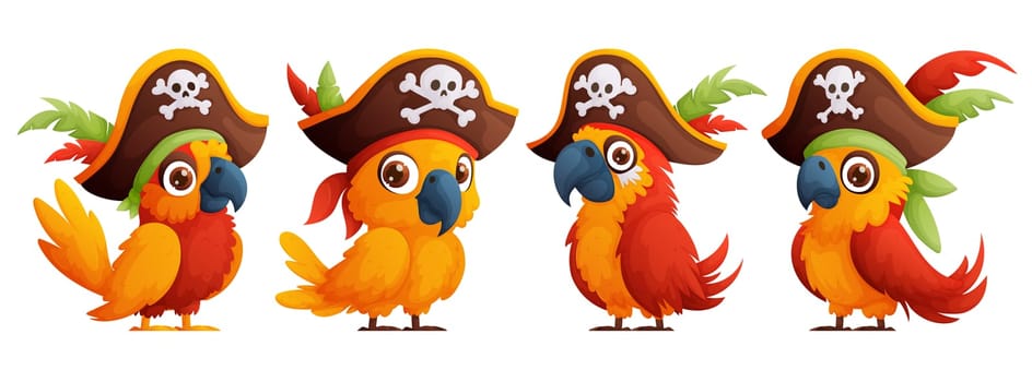 Set of cartoon pirate birds in a ship captains hat. A cute and bright parrot in a large pirate hat.