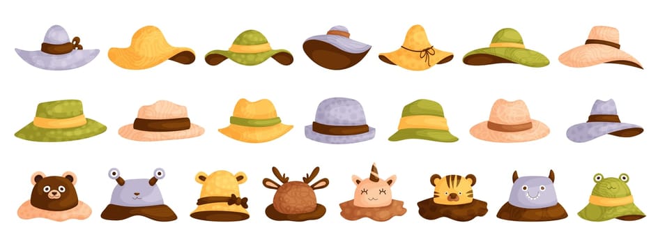 Cartoon hats. Female,male and kids headwear, derby and cowboy, straw hat Summer women vintage fashion hats vector set. Illustration female,male and Kids accessory hat.