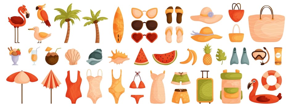 Large set of elements on the theme of summer, travel and vacation. Flat cartoon. Swimsuits, shells and summer drinks. Hats, sunglasses and bags for the beach.