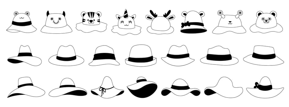 Black line icons.. Female,male and kids headwear, derby and cowboy, straw hat, panama. Summer women vintage fashion hats vector set.