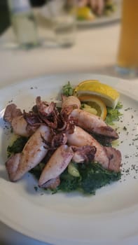 Fried squid tubes in breadcrumbs breading with lemon slices and lettuce leaves offered as closeup on a modern design plate