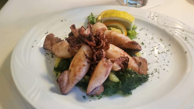 Fried squid tubes in breadcrumbs breading with lemon slices and lettuce leaves offered as closeup on a modern design plate