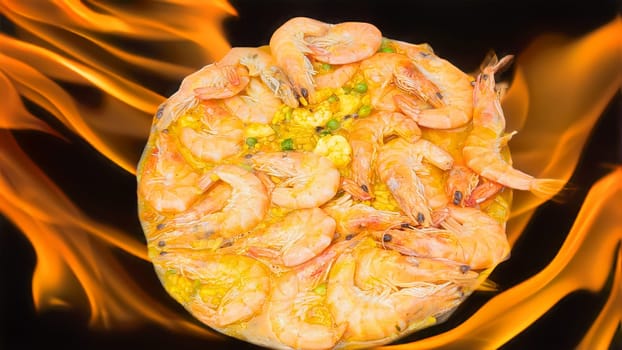 Fry shrimps in a pan with herbs and garlic. on dark background. View from above