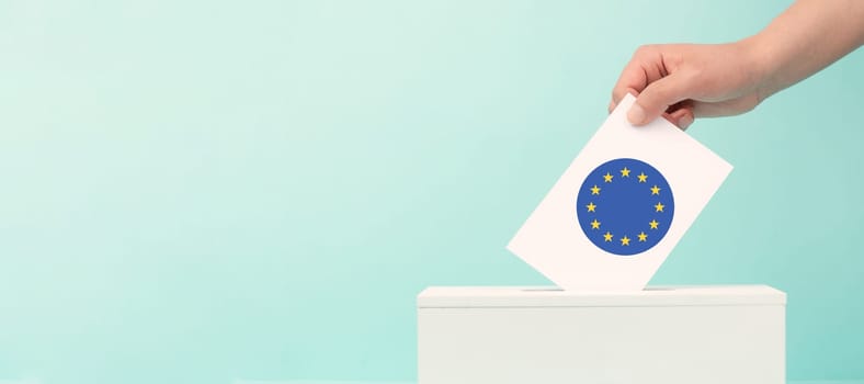 EU election, ballot box, european union flag, blue and yellow stars, citizens of Europe voting Parliament