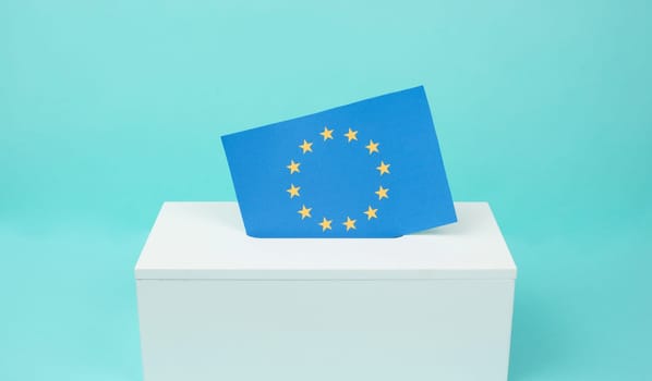 EU election, ballot box, european union flag, blue and yellow stars, citizens of Europe voting Parliament