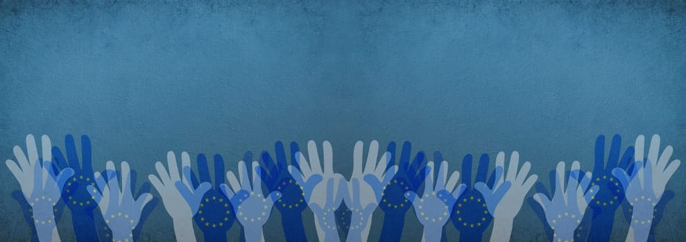 Hand of crowd, european union flag, citizen of Europe, people vote at election, protest of population, blue color, yellow stars