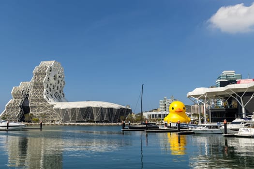 Kaohsiung, Taiwan, 01 February 2024: Rubber duck in Kaohsiung Music Center at Taiwan