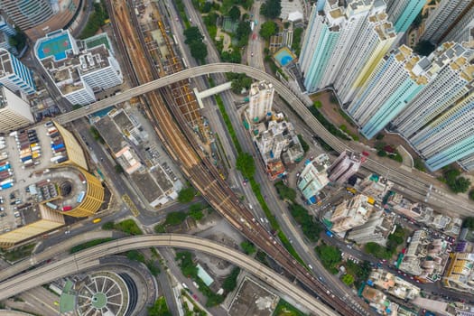 Kwun Tong, Hong Kong 02 June 2019: Top down view of Hong Kong traffic