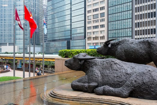 Central, Hong Kong 01 April 2024: Two buffalo statues, Exchange Square at Hong Kong central