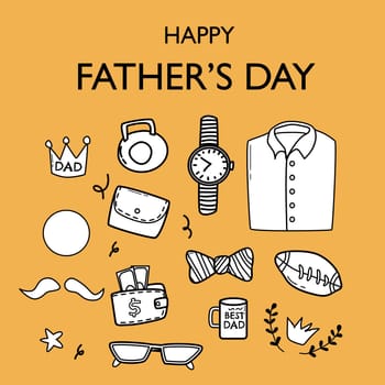 happy fathers day elements doodle design, celebration accessories message decoration party greeting card, banner, poster