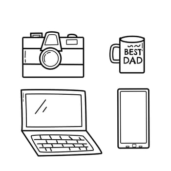 Daddy accessories for fathers holiday celebration design. Dad items for work and play - laptop, photo, tie, suitcase