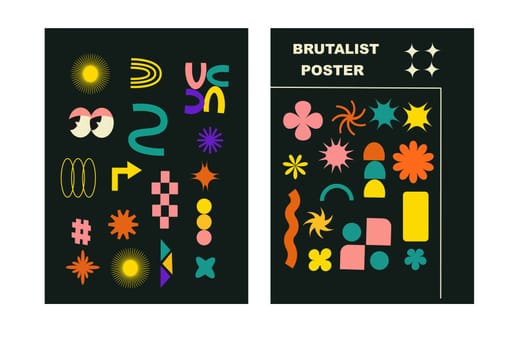 Brutalist posters set with naive playfull shapes and smile stickers. Retro abstract shapes backgrounds. Brutal contemporary figure circle oval wave patterns. Geometric posters in modern brutalist style.