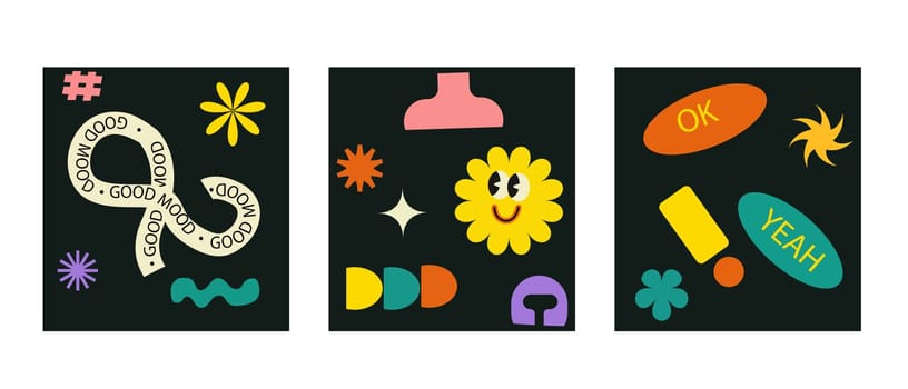 Brutalist posters set with naive playfull shapes and smile stickers. Retro abstract shapes backgrounds. Brutal contemporary figure circle oval wave patterns. Geometric posters in modern brutalist style.