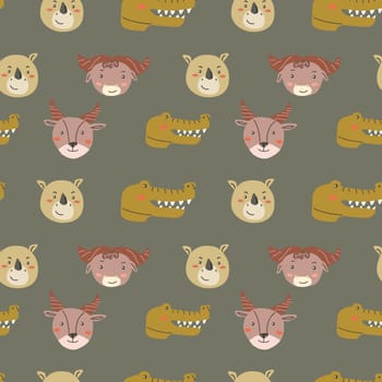Wild african safari animals pattern in trendy scandinavian style. Cute childish print with tropical jungle portraits of animals.