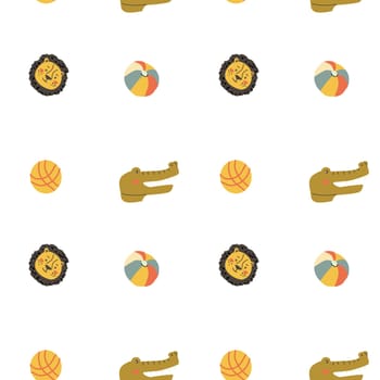 Wild african safari animals pattern in trendy scandinavian style. Cute childish print with tropical jungle portraits of animals and balls
