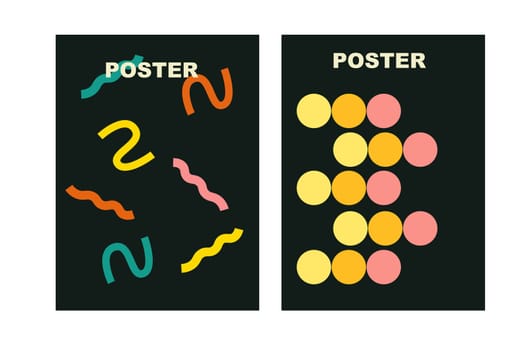 Brutalist posters set with naive playfull shapes and smile stickers. Retro abstract shapes backgrounds. Brutal contemporary figure circle oval wave patterns. Geometric posters in modern brutalist style.
