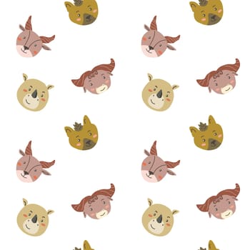 Wild african safari animals pattern in trendy scandinavian style. Cute childish print with tropical jungle portraits of animals.