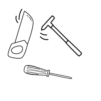 working Tools. Different instruments. Construction, Building, repair concept. Screwdriver, saw, scissors, wrench. Hand drawn Vector set. All elements are isolated