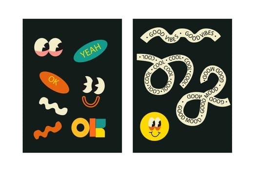 Brutalist posters set with naive playfull shapes and smile stickers. Retro abstract shapes backgrounds. Brutal contemporary figure circle oval wave patterns. Geometric posters in modern brutalist style.