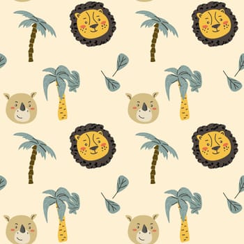 Wild african safari animals pattern in trendy scandinavian style. Cute childish print with tropical jungle portraits of animals.