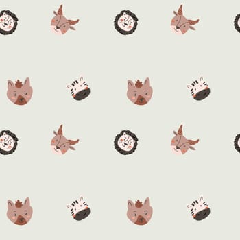 Wild african safari animals pattern in trendy scandinavian style. Cute childish print with tropical jungle portraits of animals.