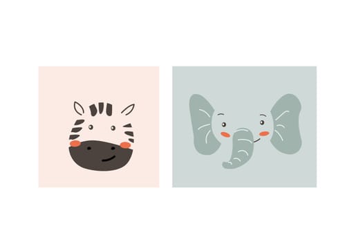 African animals faces set. Cute doodle animal portraits. Hand drawn characters. Tropical and jungle cartoon heads of elephant and zebra. Wild exotic pets.