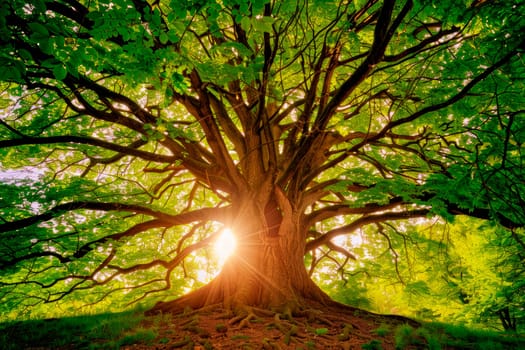 Tree of life concept. The sunlight shines through the crooked branches of a majestic big tree. AI generated