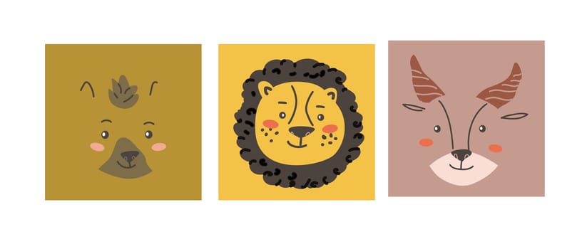 African animals faces set. Cute doodle animal portraits. Hand drawn characters. Tropical and jungle cartoon heads of lion, antelope, hyena. Wild exotic pets.