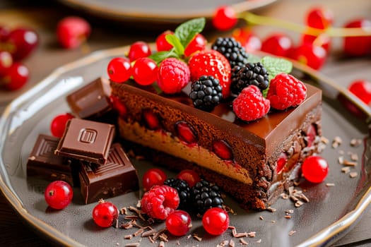 Delicious chocolate cake with chocolate glaze and fresh berries on a  plate. AI generated