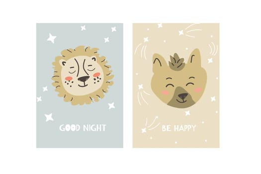 African animals faces posters. Cute kids posters for nursery interior. Can used for greeting cards. Lion and hyena cartoon characters.