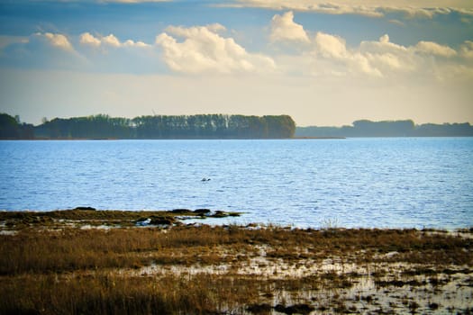 Light clouds in the sky on the Bodden in Zingst on the Baltic Sea peninsula. Bodden landscape with meadows. Nature reserve on the coast. Landscape photograph