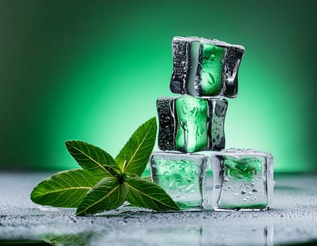 Clean water, ice crystal cubes with mint leaves and bubbles. Menthol, cool mint, peppermint, spearmint, mojito or lemonade drink wave splashes