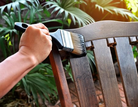 Garden chair with brush in protective gloves. Worker paints garden furniture. Renewal, renovation of wooden garden furniture