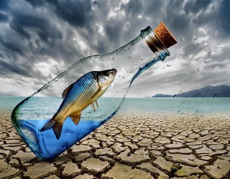 Environmental pollution sea of water, fish in bottle message in a bottle
