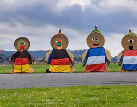 Funny figures made of straw bales on the background of a winter forest and field