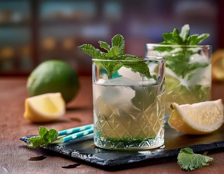 Mojito cocktail with ice cubes in cocktail shaker on black slate board